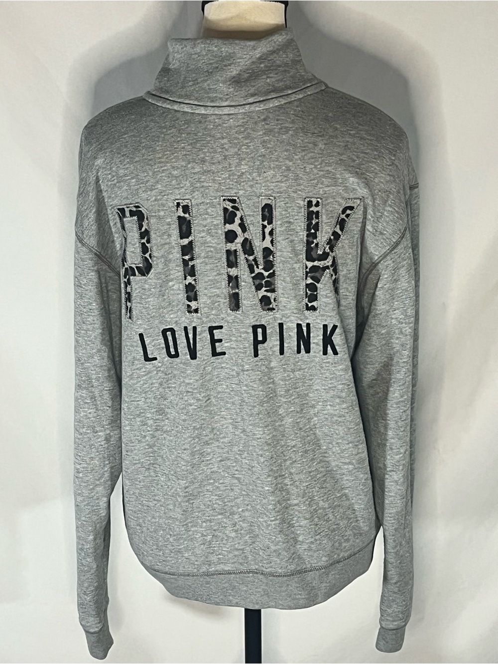 Pink Victoria Secret Gray Leopard Print Dog Logo 1/4 Zip Sweatshirt Pullover XS